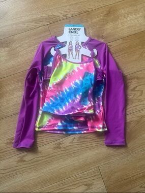 Lands' End Girls' 3 Piece Bright Tie-Dye Tank/Purple Long-Sleeve Rashguard 4T